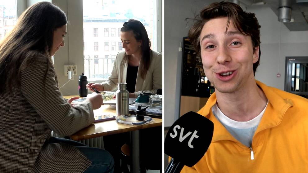 Hur sparar man pengar som student? Tvådelad bild, till vänster två unga kvinnor som sitter vid ett matbord, till höger en ung man som tittar in i kameran och har en SVT-mikrofon framför sig.