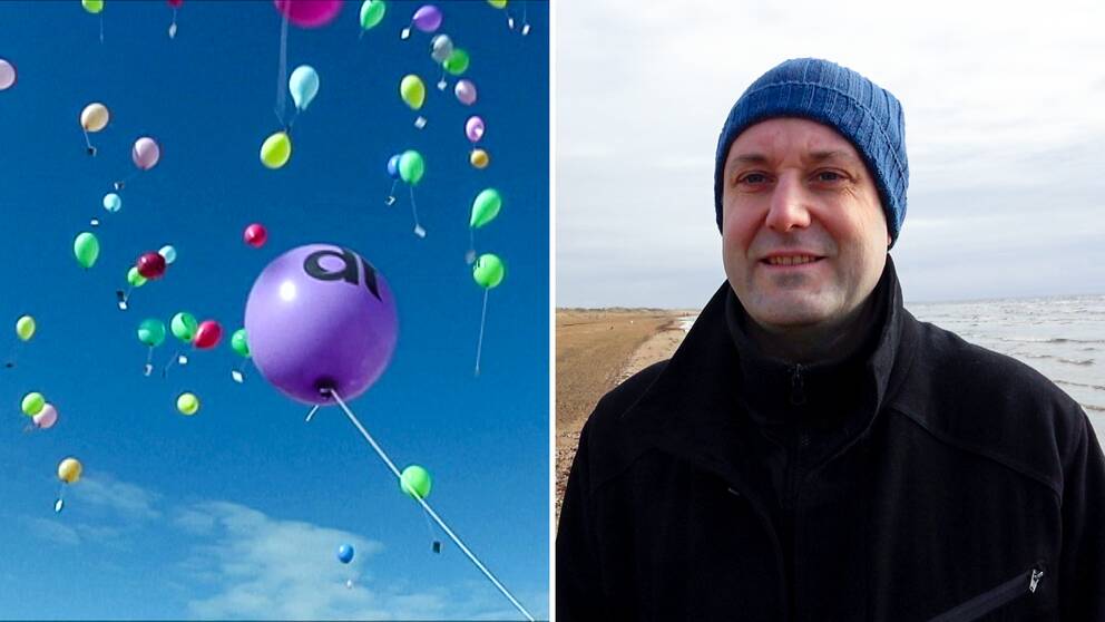Ballonger i olika färger, miljöpartisten Martin Bagge på stranden.