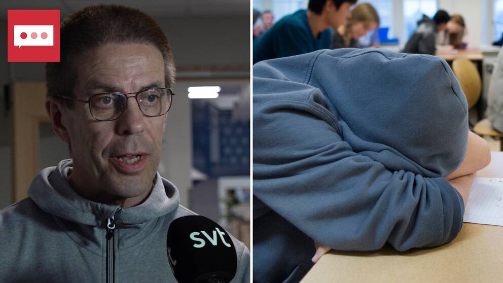 Rektorn för Celsiusskolan i Edsbyn och elev med hoodie som ligger över sin skolbänk.