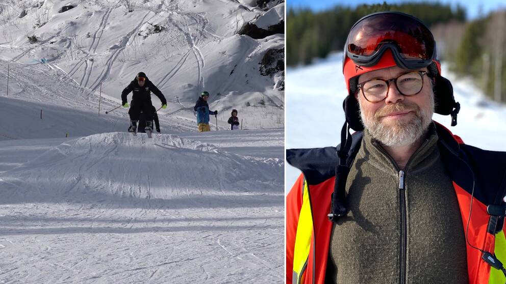 Delad bild. Till vänster en skidåkare hoppar i ett hopp. Till höger Kalle Persson, ordförande i Gällö SK. Han är klädd i orange jacka, grön tröja skidhjälm med skidglasögon. Han har glasögon och grått skägg.