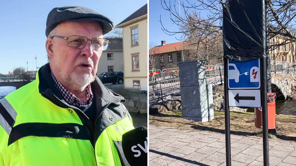 Till vänster en bild på Björn Wennerström, samhällsbyggnadschef i Åmåls kommun, iförd en reflexjacka. Till höger en bild på en laddstolpe-skylt. 
