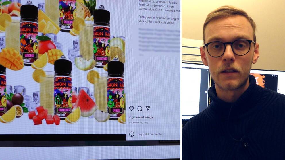 Tvådelad bild: E-vätskor syns med bilder på frukt i ett Instagraminlägg och SVT-reportern Anton Johansson fotograferad i porträtt.