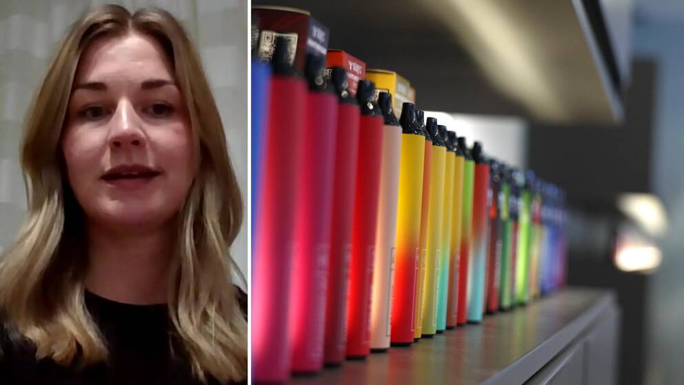 Tvådelad bild: Josefin Holmberg, jurist på Konsumentverket och e-cigaretter i olika färger uppradade i en butik.
