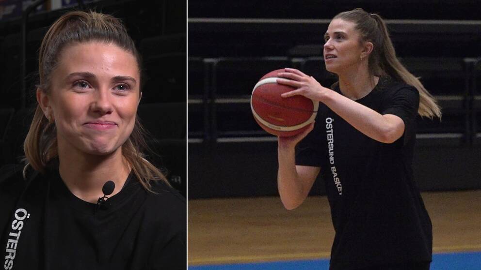 Östersund Baskets spelare Stina Dahlin är på väg att skjuta iväg en basketboll.