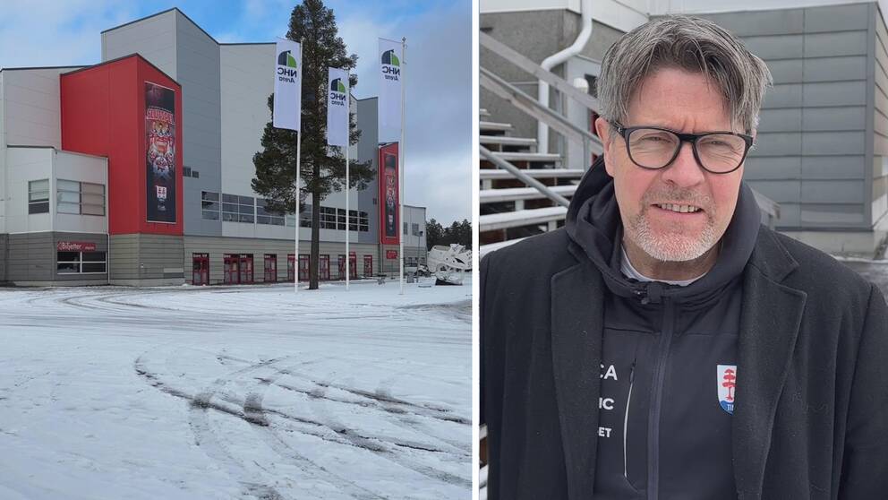Till vänster ser man AHC arenan i Timrå och till höger kan man ser Ante Karlsson med ett leende på läpparna. 
