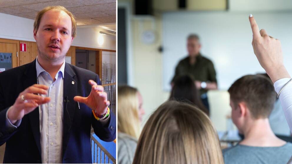 Martin Östling, rektor på Gränsälvsgymnasiet i Övertorneå, och en elev som räcker upp handen i klassrummet.
