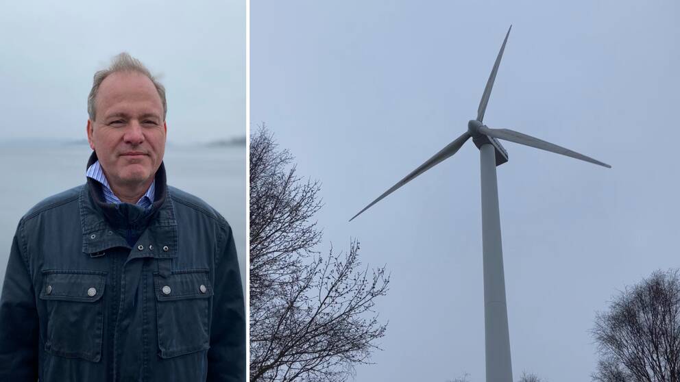 Bild på man på Borgmästarekajen i Karlskrona. Mannen heter Ulf Hansson och är klimat- och energistrateg på länsstyrelsen. Samt bild på vindkraftverk.
