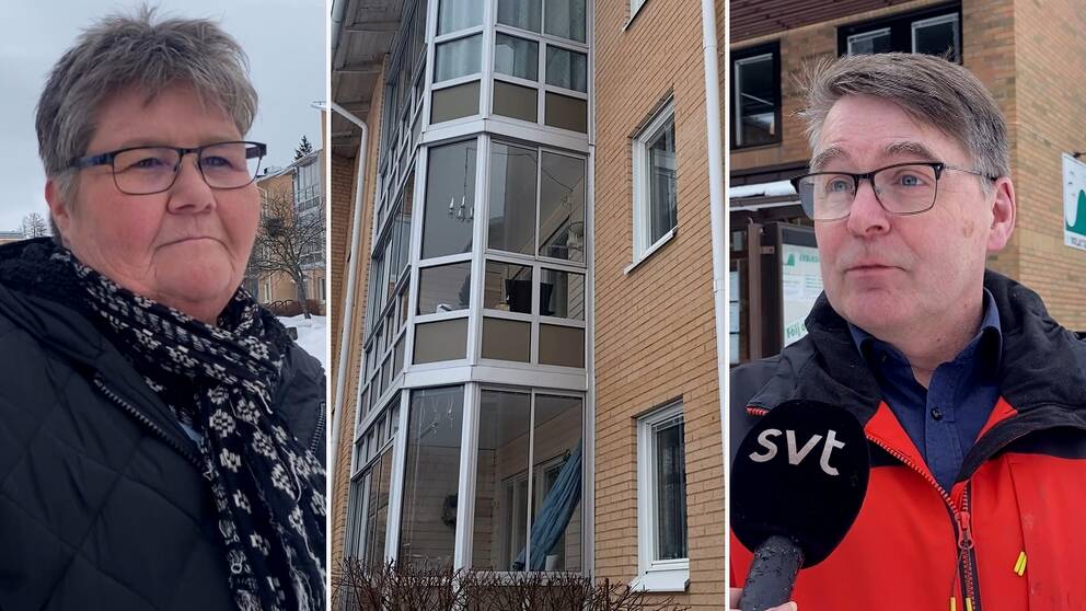 Hyresgästen Kariina Pesonen / fasad på hyreshus / Roger Lundin, vd för kommunala bostadsbolaget Solatum i Solefteå.