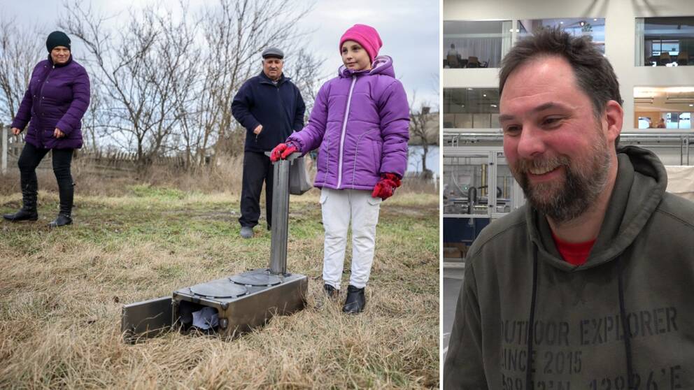 Två delad bild på en ukrainsk flicka med lila jacka som håller på en Svetsad kamin, och en bild på Björn Särnerblom, en man med skägg och yvigt hår.