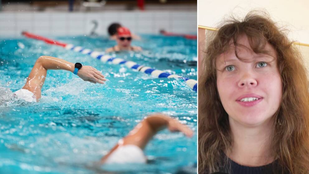 Några personer simmar i en simhall. Porträttbild på Evelina Rydeker (MP), ordförande kultur-och fritidsnämnden i Luleå.