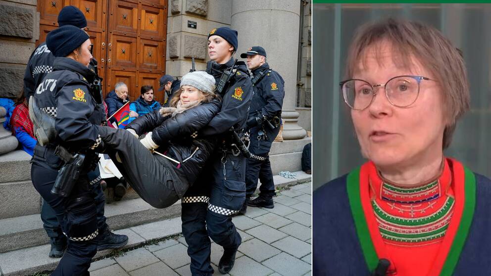 Till vänster demonstation mot vindkraftverken i Fosen utanför norska Stortinget, där Greta Thunberg bärs bort. Till höger samepolitikern Marita Stinnerbom i Vilhelmina.