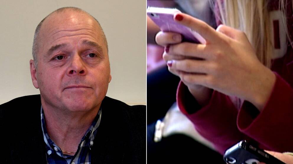 Polisinspektören Stefan Adamsson till vänster om bilden, en ung tjej håller i en telefon till höger.
