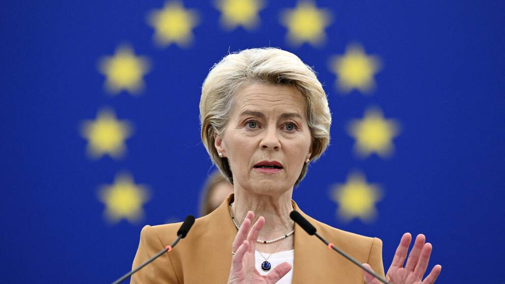 Europeiska kommissionens ordförande Ursula von der Leyen håller tal i Europaparlamentet i Strasbourg.