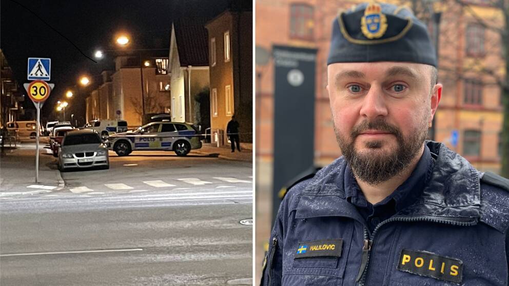Tvådelad bild: En gata med en avspärrning och en polisbil samt en polis som står och bevakar, samt kommunpolisen Erwin Halilovic i polisuniform.