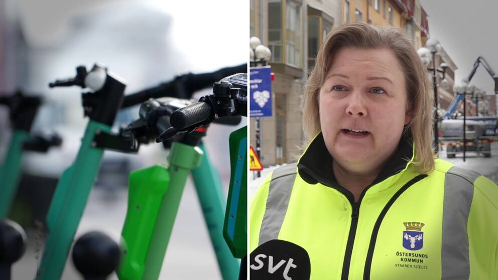 Elsparkcyklar i ett montage med en Carola Jonsson med gul varseljacka