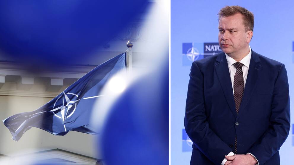 Natos flagga. Till höger bild på Finlands försvarsminister Antti Kaikkonen.
