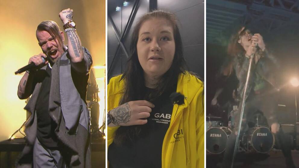Lillasyster och Hardcore Superstars i tredelad bild med festivalarrangören Gabi Mattsson i mitten. 
