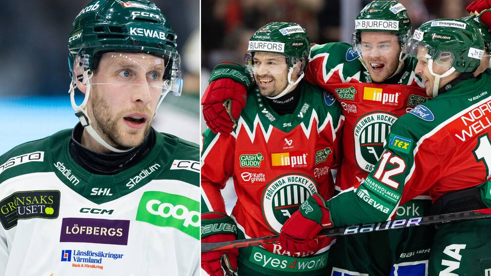 Frölunda jublar, medan Färjestads Per Åslund deppar.