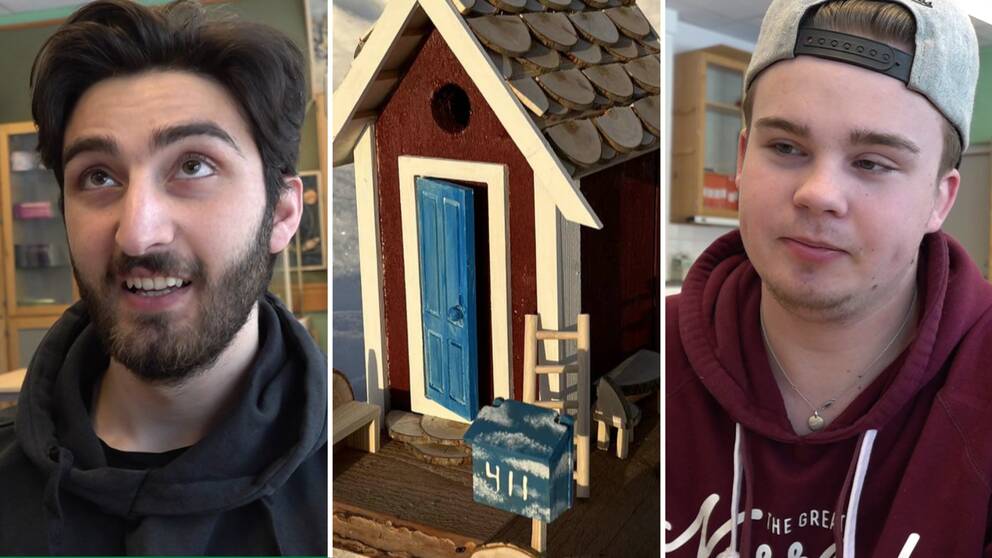Eleverna Mohammed Hassan och Johan Sandkvist på Hjalmar Strömerskolan i Strömsund har byggt fågelholkar. En av elevernas kreationer ”Sommarstugan” som syns i mitten av bilden har gått till final i SM i fågelholk.