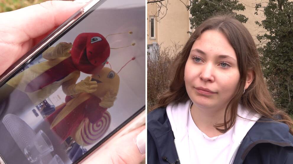 Gymnasieeleven Viktoria Andersson visar upp en bild från när hon sommarjobbade på Sturkö camping förra året.