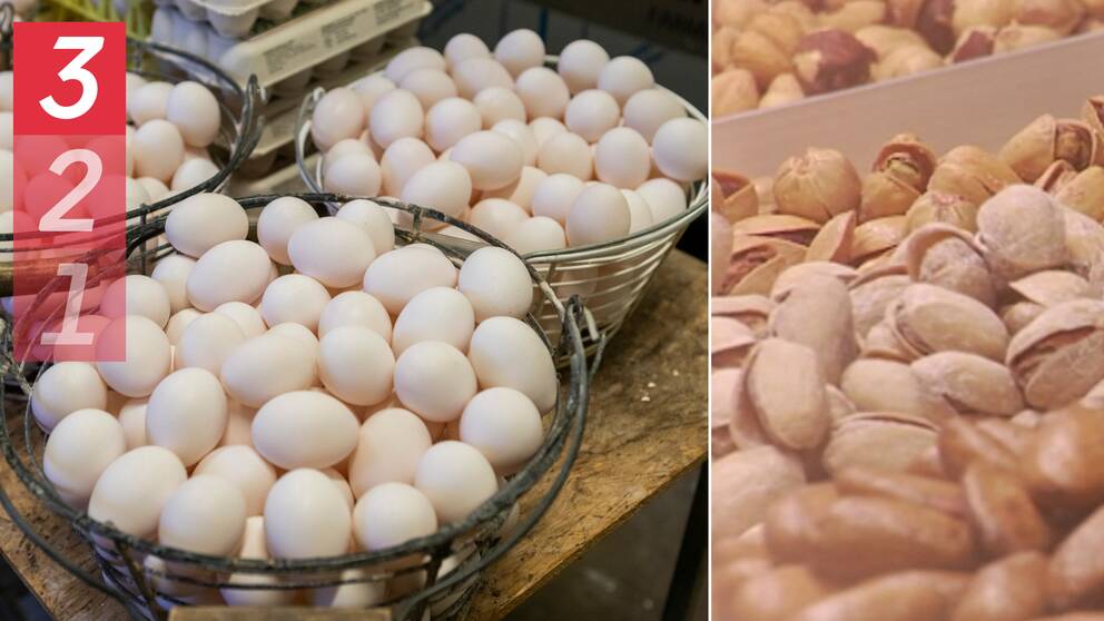 Bild på ägg i en korg och skalade nötter.