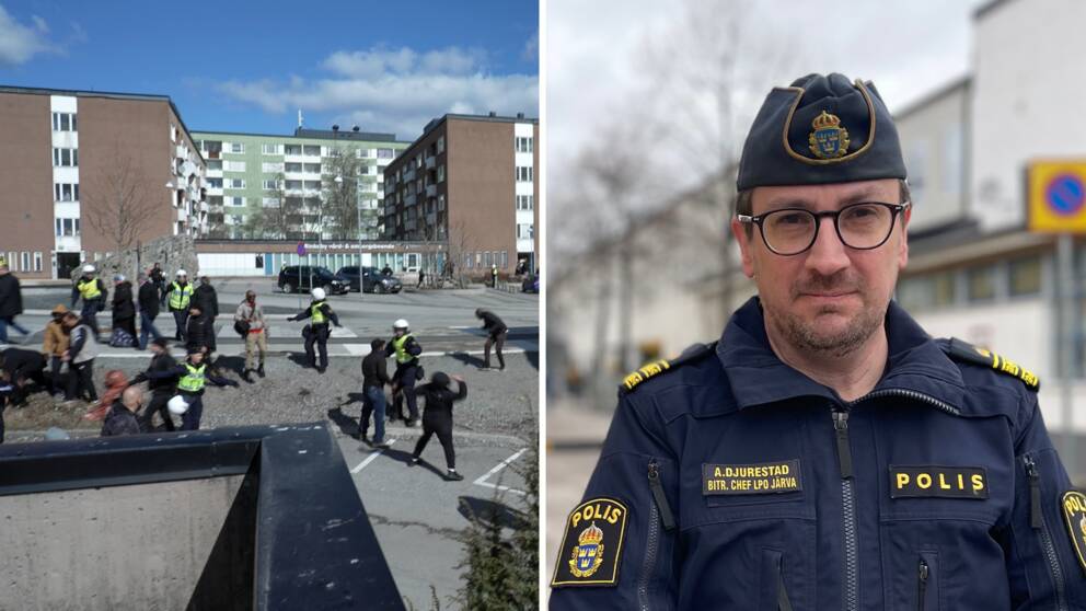 Splitbild: Till vänster, en bild på personer som deltog i upploppet i Rinkeby förra året, till höger en närbild på Anders Djurestad, biträdande polischef i Järva.