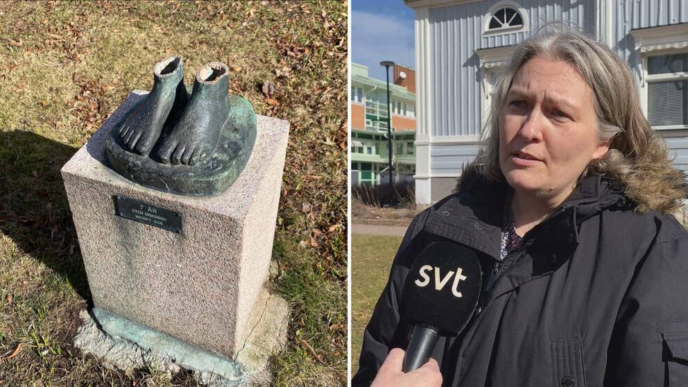 Maria Gruffman intervjuvas av SVT Nyheter Öst om skulpturstölderna i Motala.