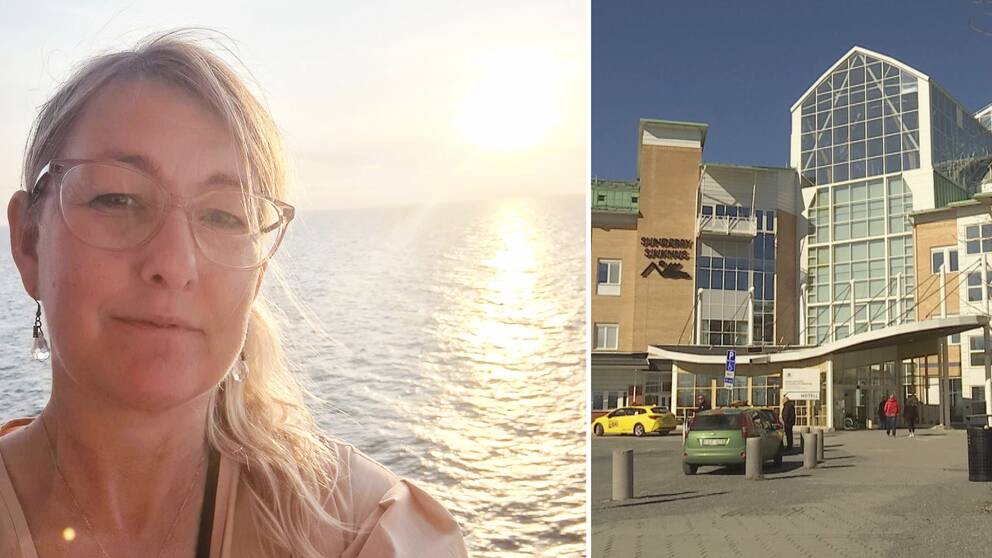 Bild på sjuksköterskan Cathrine Magnusson och Sunderby sjukhus exteriört.