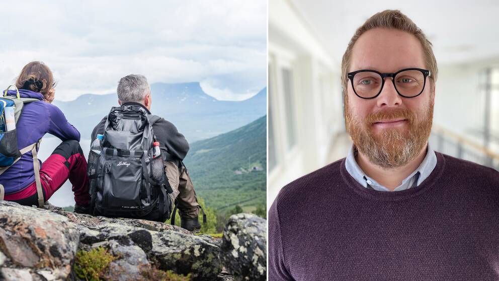 Två personer blickr ut över fjällvärlden samt porträtt på Region Norrbottens Jonas Sandberg.