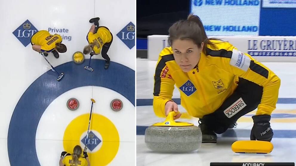 Anna Hasselborg med sista stenet i kvartsfinalen.