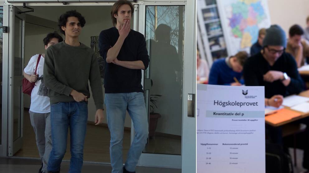 Hugo Normark och Valdemar Granberg Lidén går i korridoren mot salen där högskoleproven görs. Till höger en bild på ett klassrum med elever i periferin av ett högskoleprov.