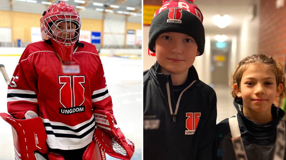 Ett barn iklädd ishockeyutrustning, står på en is. Två barn står i en korridor (Meija Nyman, William Jantzen och Alexander Carlsson)