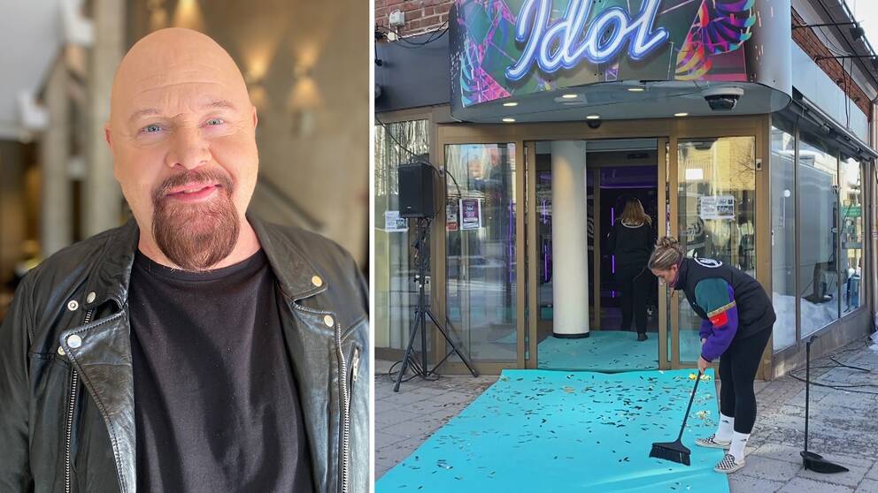 porträttbild av Anders Bagge – en leende medelålders man med rakat huvud, skägg och svart skinnjacka – samt bild på en tjej som sopar glitter från en turkos entré-matta, skylt med ”Idol” ovanför.