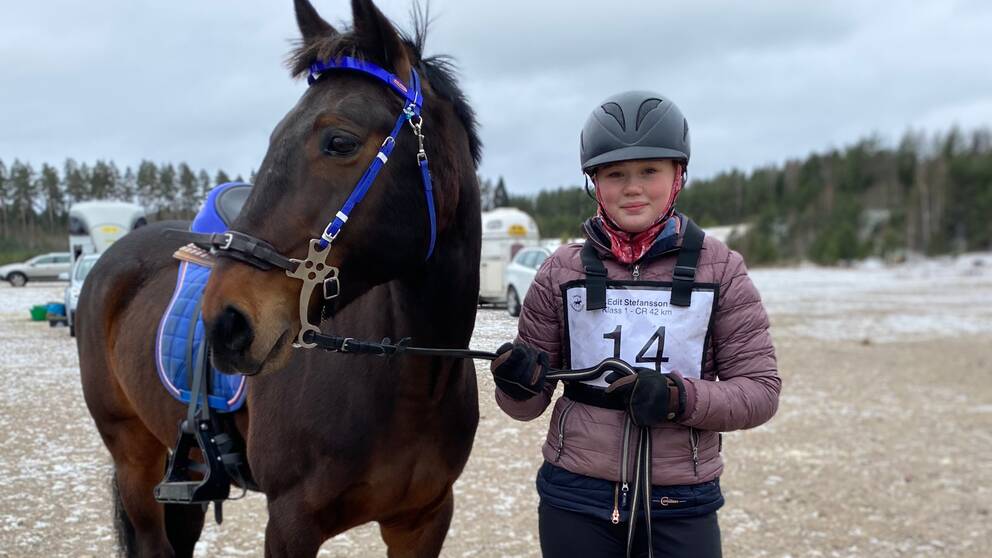 Ett barn står bredvid en brun pony