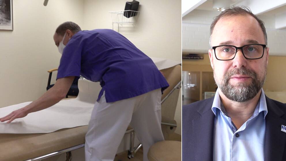Delad bild. Till vänster: En kille som bäddar en säng på sjukhuset. Till höger: Regiondirektör Tommy Svensson.
