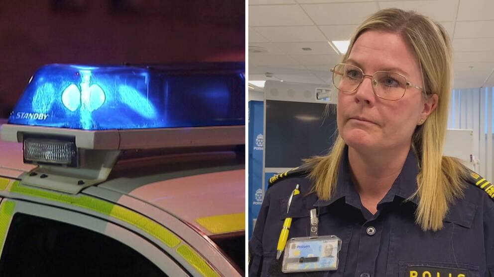 Bilden är ett montage. Till vänster syns blåljus av en polisbil och till höger syns Josefine Perming Tengqvist, hon står inomhus i sin polisuniform.