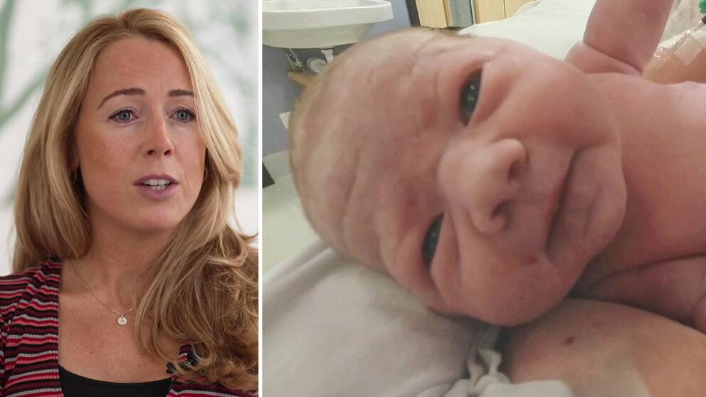 Till vänster en kvinna, Ebba Lagercrantz Hedbland. Till höger en nyfödd baby ligger på sin mammas bröst inne på förlossningsavdelningen. Bilden är tagen med en kamera som mamman haft på huvudet.