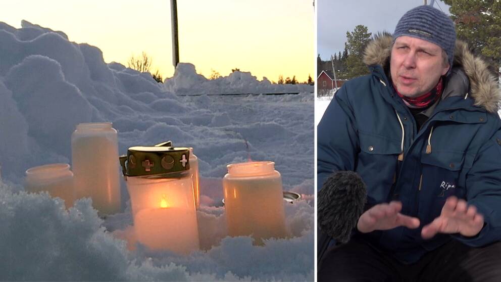 Till vänster en minnesplats där en skoterförare avlidit. Till höger Jan Lindgren sittandes på sin skoter om oron över utvecklingen.