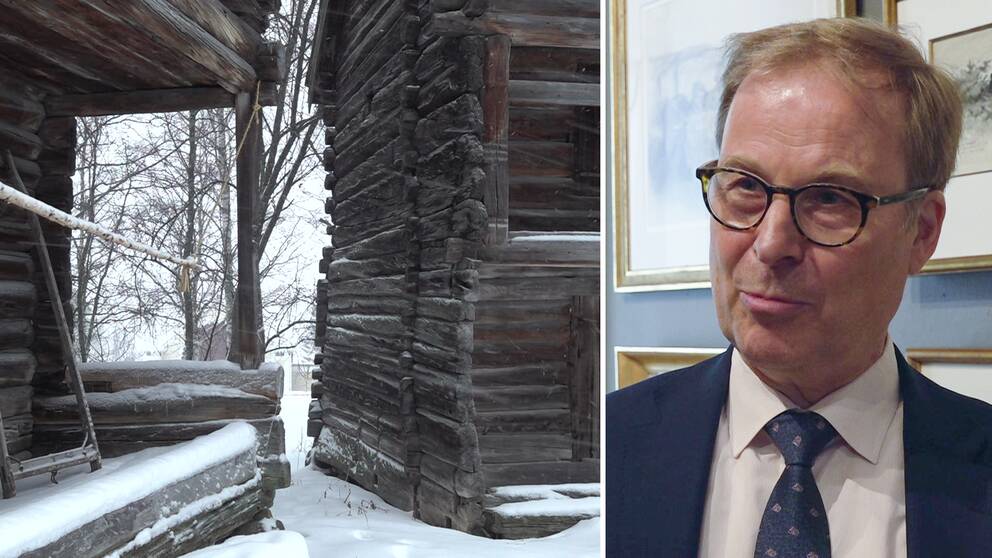 Delad bild. Till vänster gamla trähus på Jamtli en snöig dag. Till höger Olov Amelin, chef för Jamtli. Han har blont hår, ljust skägg, mörkbågade glasögon och han är klädd i mörkblå kavaj och vit skjorta.