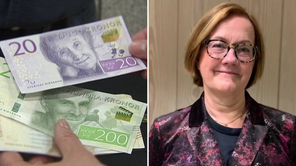 Svenska sedlar. En kvinna i vinröd glansig kavaj och glasögon.