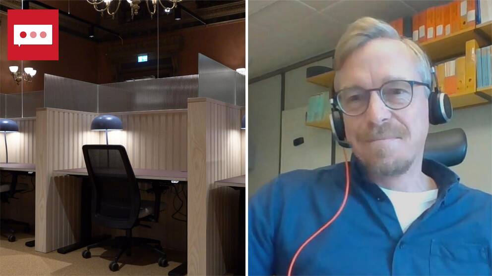 två bilder i en. Till vänster: kontor. Till höger: Calle Rosengren, blont hår, glasögon.