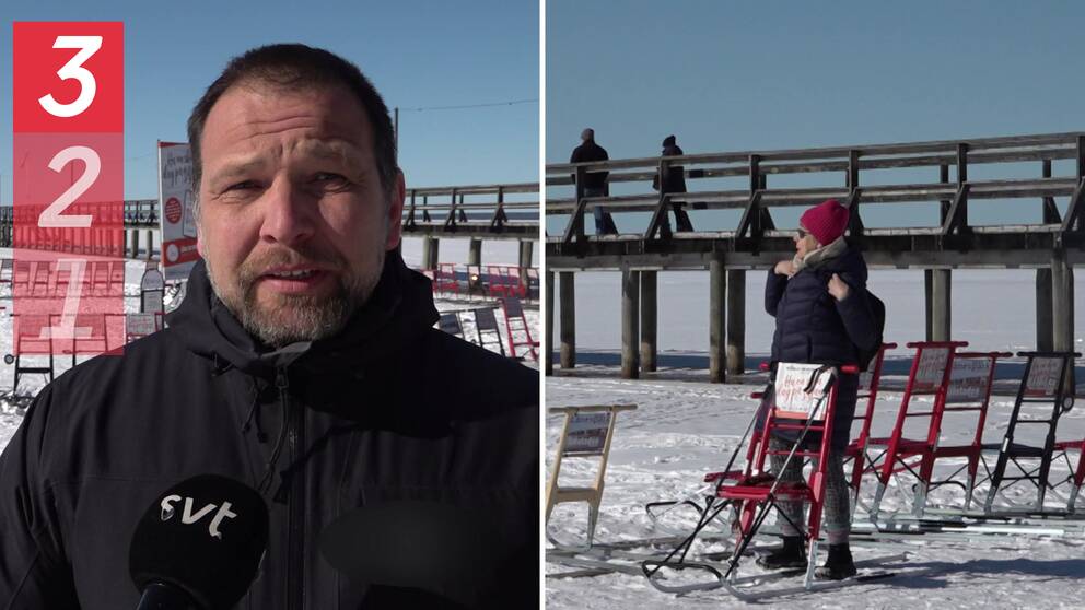 sparkar vid sjön Siljan i Rättvik, man som håller på att förklara något, och kvinna som gör sig redo för att använda en spark