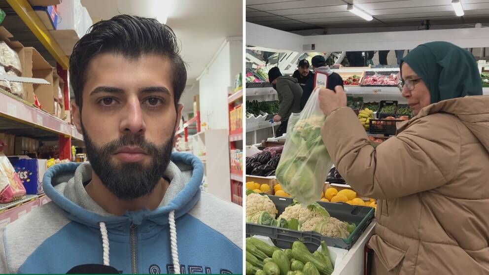 Tvådelad bild: Handlaren Mohammad Dasouki och en kvinna som handlar grönsaker i en affär.