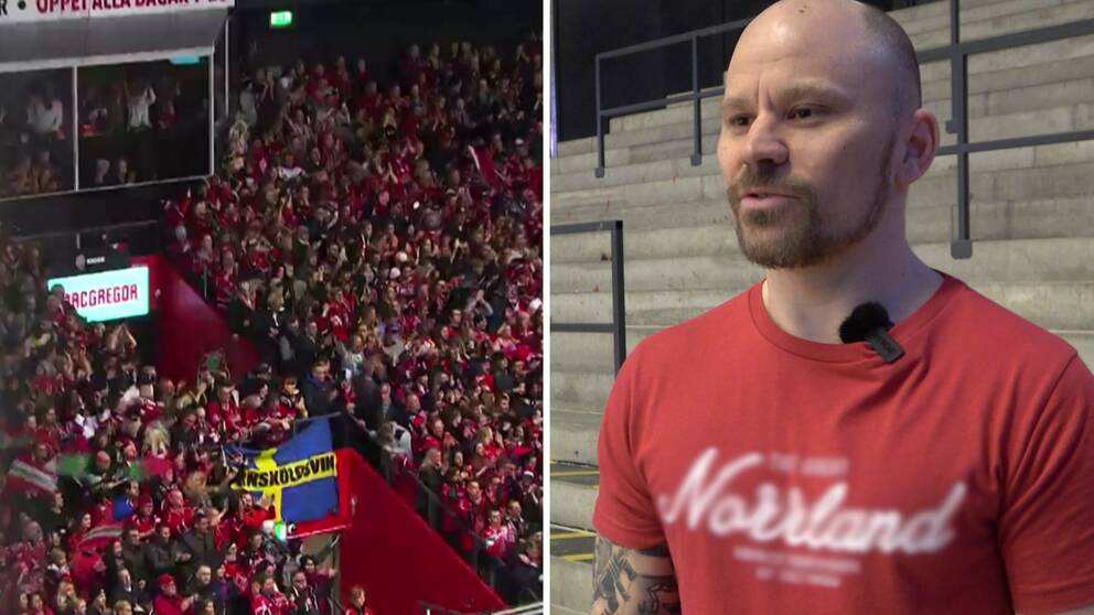 Bilden är ett montage. Till vänster syns rödklädda Modosupportrar under en match och till höger syns Frank Eriksson, Modosupporter.