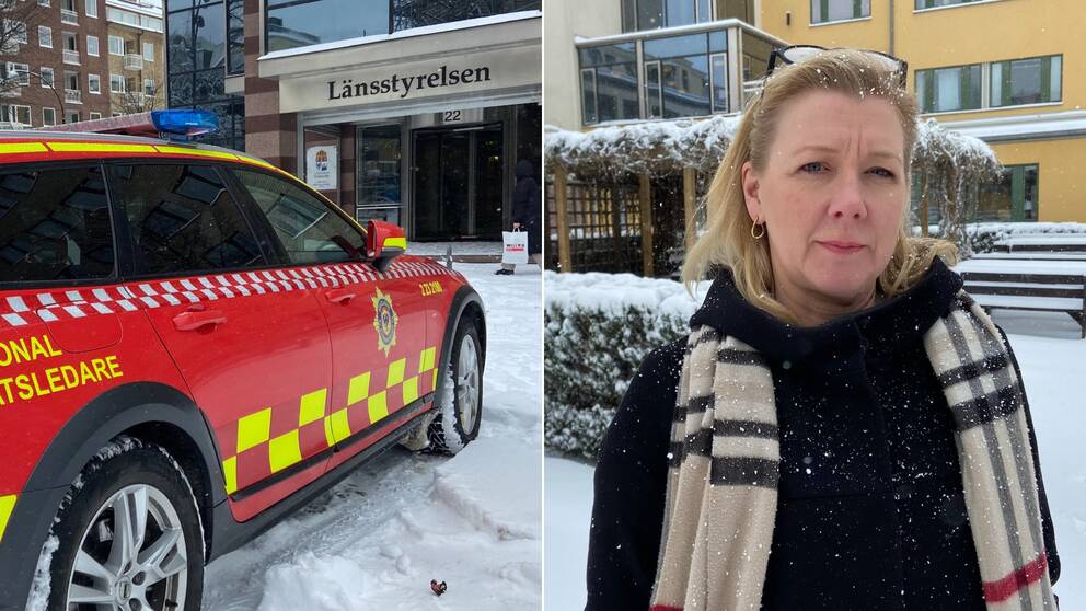 Röd bil märkt med ”Regional insatsledare” framför entren till Länsstyrelsen i Örebro. Andra bild, länsrådet Anna Olofsson, utomhus i lätt snöfall.