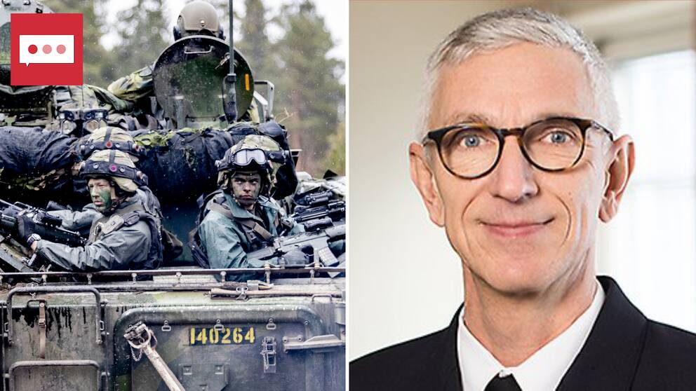 Tvådelad bild: Militärer sitter i en stridsvagn med automatvapen i händerna och Christer Mildenberger, utbildningshandläggare på Försvarshögskolan.
