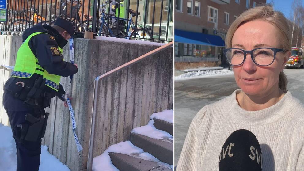 Delad bild. Till vänster en polis i uniform som sätter upp avspärrningsband utanför länsstyrelsen i Östersund. Till höger en blond kvinna med grå stickad tröja och glasögon. Det är Susanna Löfgren.