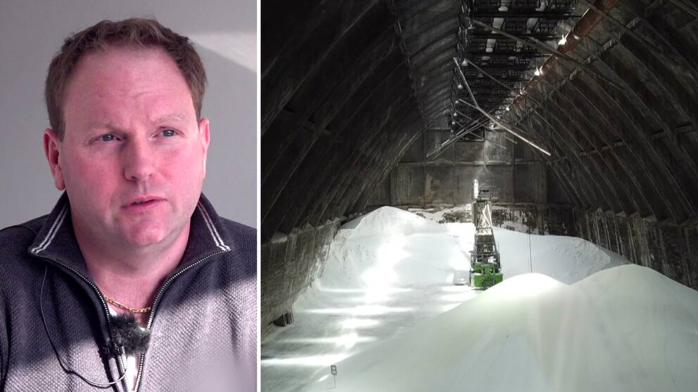 Till vänster porträtt av en man. Till höger en inomhusbild från en konstgödselfabrik.