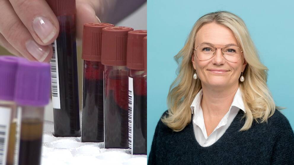 Till vänster, ett par provrör med blod, till höger, Lisa Jelf Eneqvist, Projektledare Organiserad prostatacancertestning.