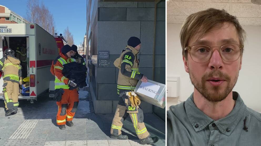 Flera räddningstjänstpersonal bär saneringsutrustning utanför länsstyrelsen i Östersund efter ett pulverlarm. Reporter Fredrik Eliasson tittar in i kameran när han berättar vad som hänt